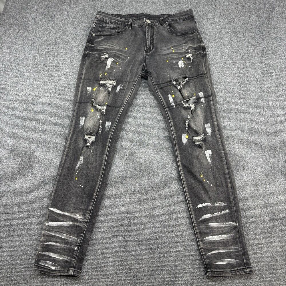 Superdry Men’s Size 32 Black Skinny Jeans Distressed Paint Splatter Ripped